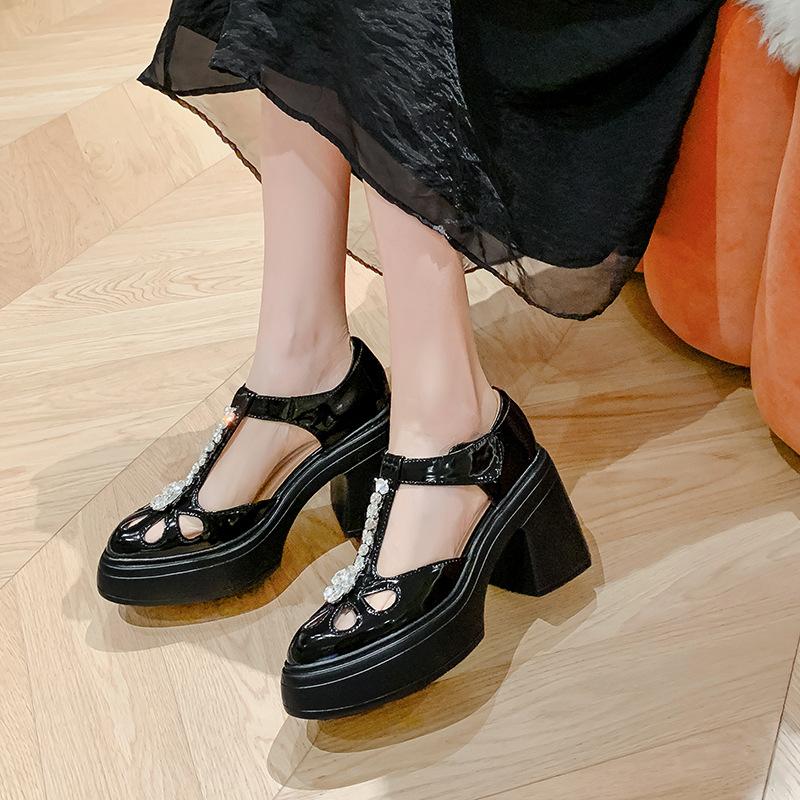 10CM fashionable rhinestone T-strap super high heels 2025 summer new thick-soled thick-heeled bag head sandals small leather shoes