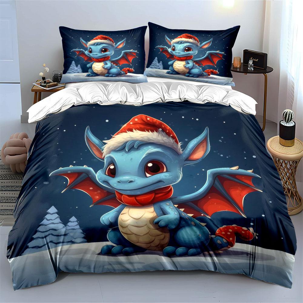 Cute Festive Dragon Design Bedding Duvet Cover Set (1*Duvet Cover 2*Pillowcases, Without Duvet Insert)