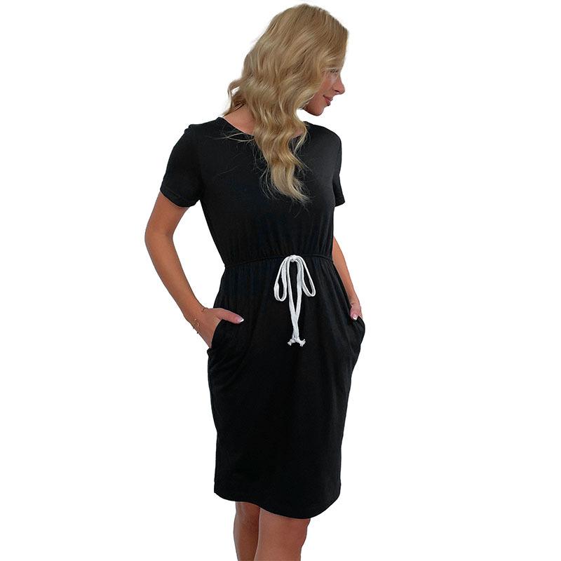 Women's round neck hip skirt casual slim pull rope solid color dress