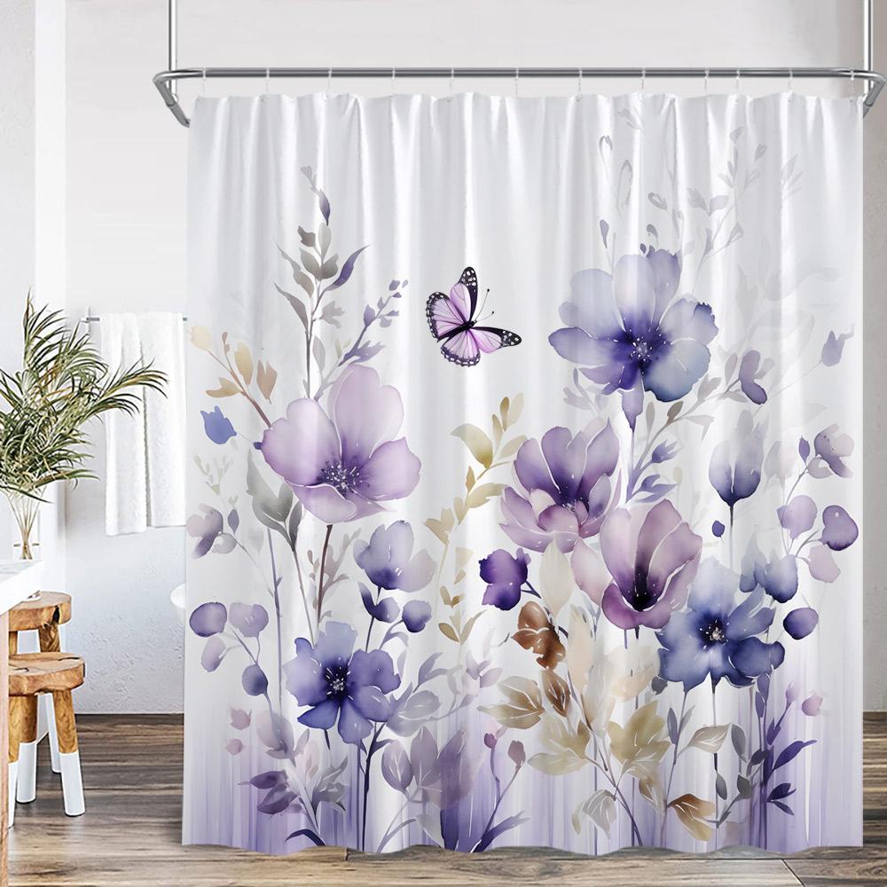 Watercolor Floral Shower Curtain Flower Plant Butterfly Purple Blue Golden Blossom Bathroom Decor ModernPolyester Bath Curtain