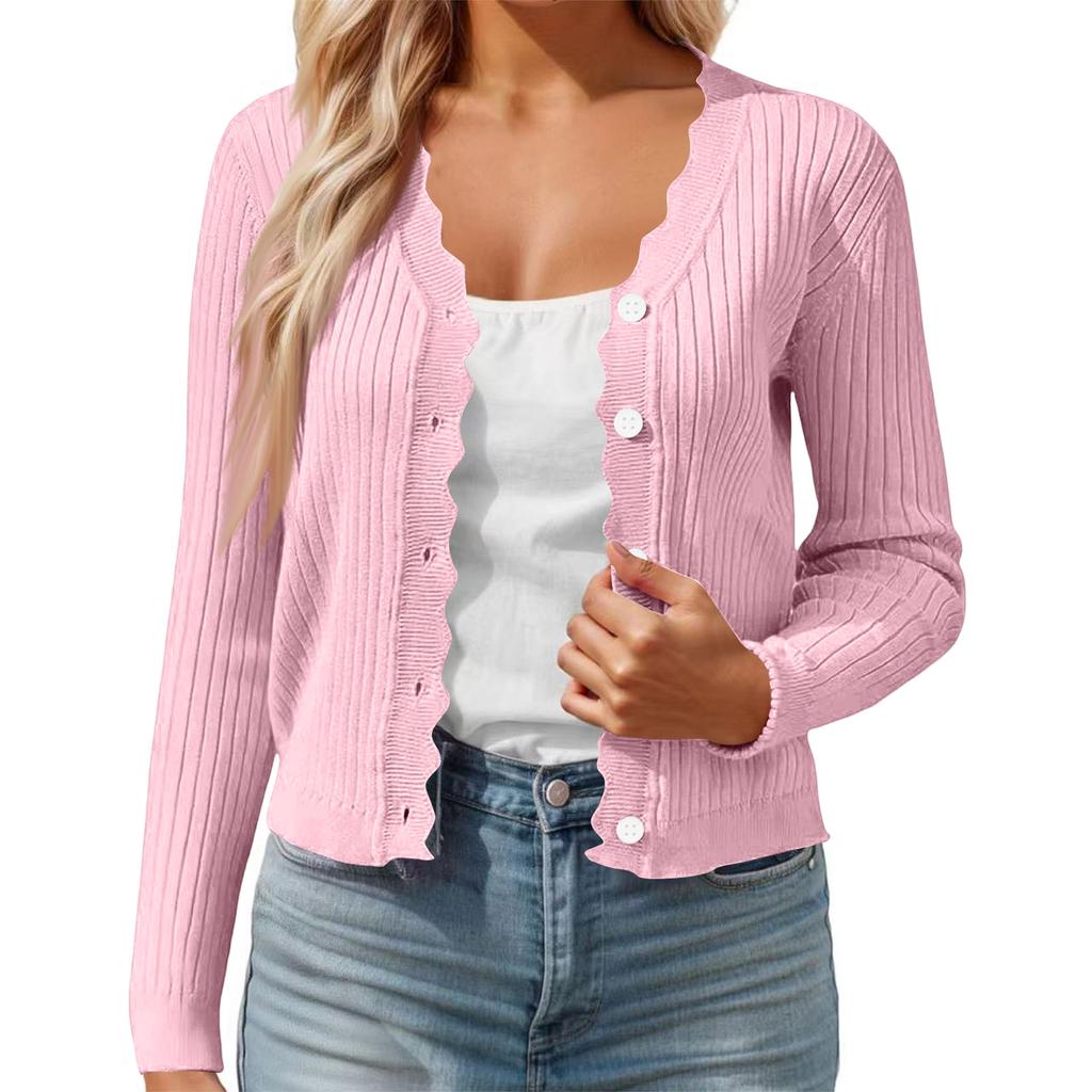 Cardigan casual da donna colorato con bordo a fungo, scollo a V, giacca corta in maglia sottile