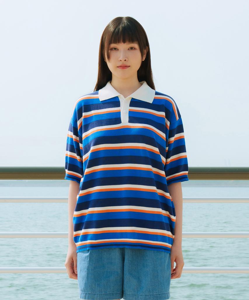 Pieseussi Retro Wave Stripe Collared Short Sleeve Knit _ Blue