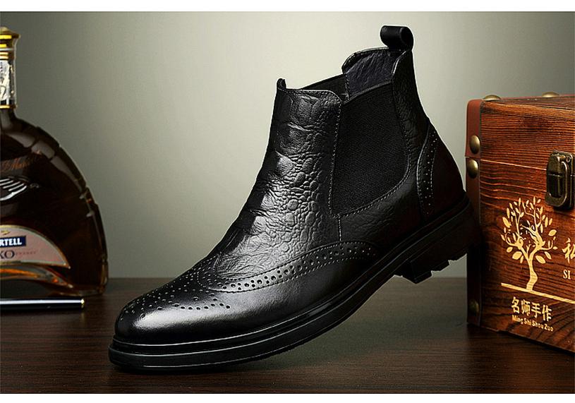 Martin Men's Cowhide Brogue Chelsea Boots - British Style High-Top Leather Shoes for Autumn/Winter