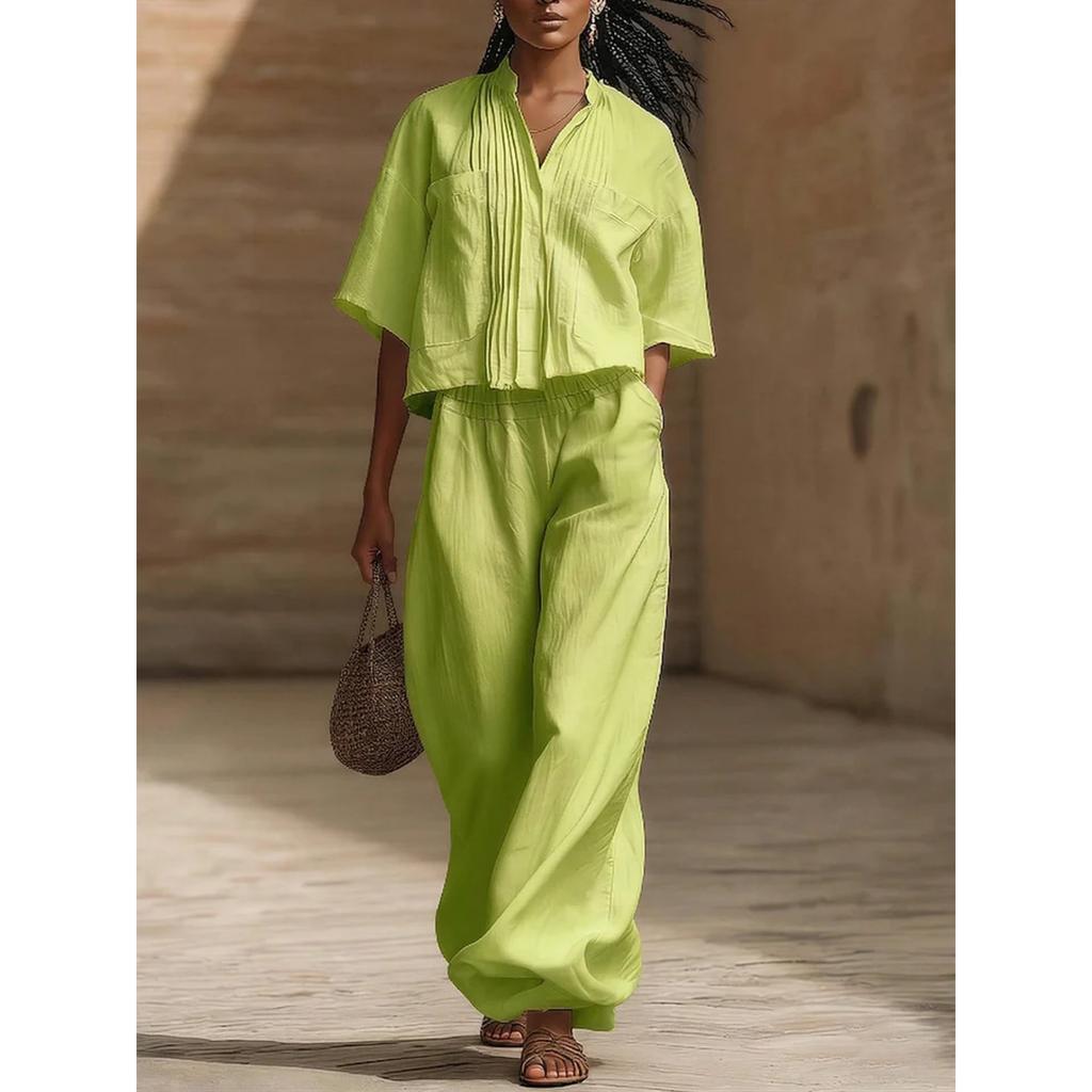 women's Pleated Stand Collar 2 Piece Set Short Sleeve Shirt Wide Leg Pants Casual Summer Outfit