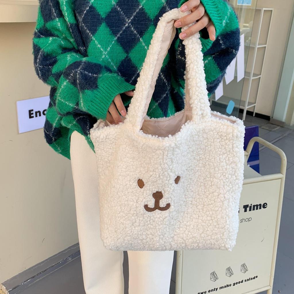 Women Cute Plush Bear Girl Heart Embroidery Double Sided Shoulder Bag