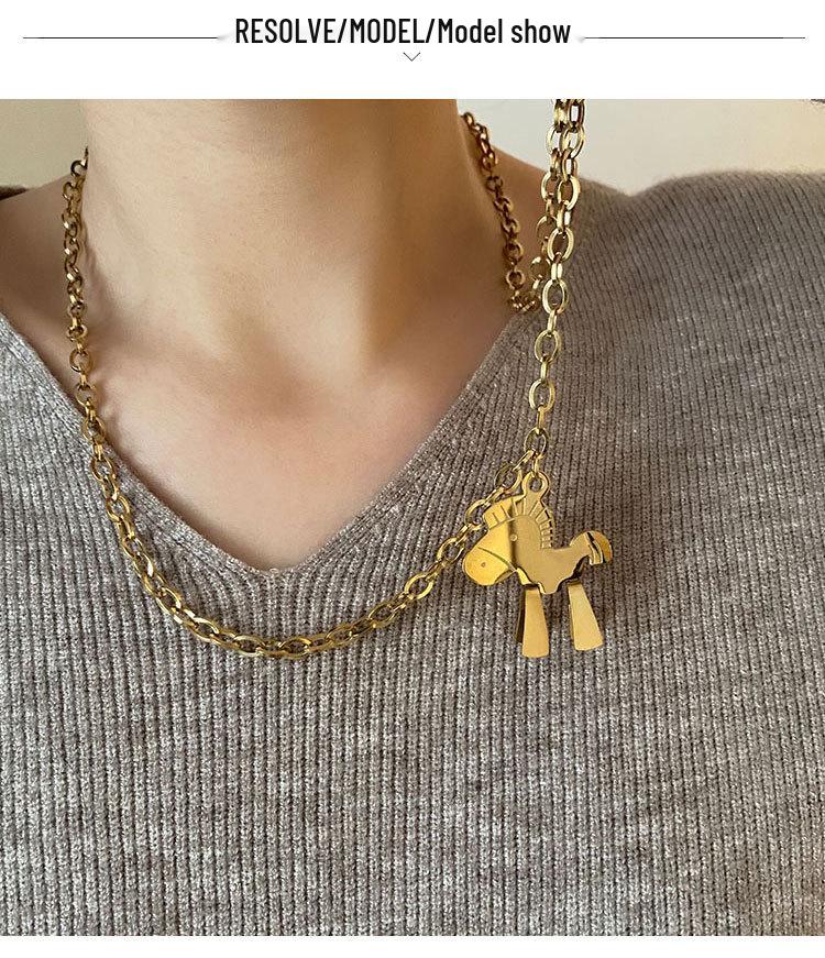 Korean Influencer Sweater Chain: Long, Non-Fading Little Horse Necklace Pendant in Titanium Steel for Women's Fashion.