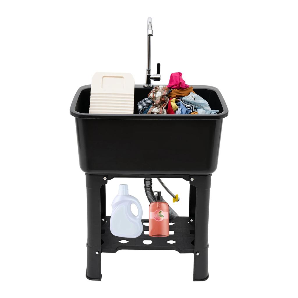 Utility Sink Space Saver Laundry Tub with Faucet, Freestanding Laundry Sink Garage Sink with Storage Shelf (Black)