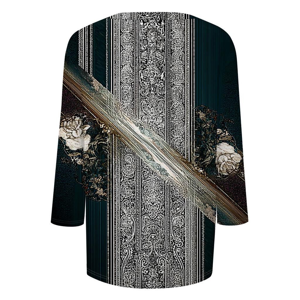 Módní vintage top s 3/4 rukávem pro ženy, dámská ležérní halenka s tříčtvrtečním rukávem a kulatým výstřihem s potiskem