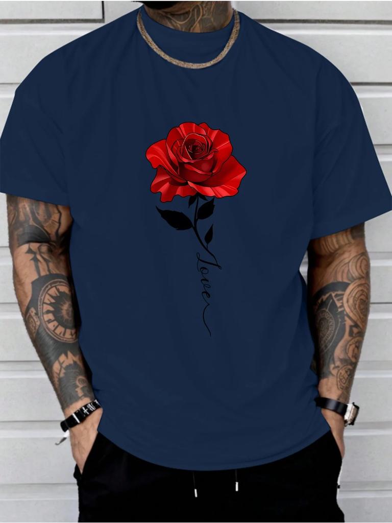 Men's Summer Fashion Casual Loose Fit Red Rose Print Crew Neck Short Sleeve T-Shirt