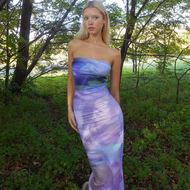 European and American style women's new summer fashion printing slim-fitting and thin backless tube top dress