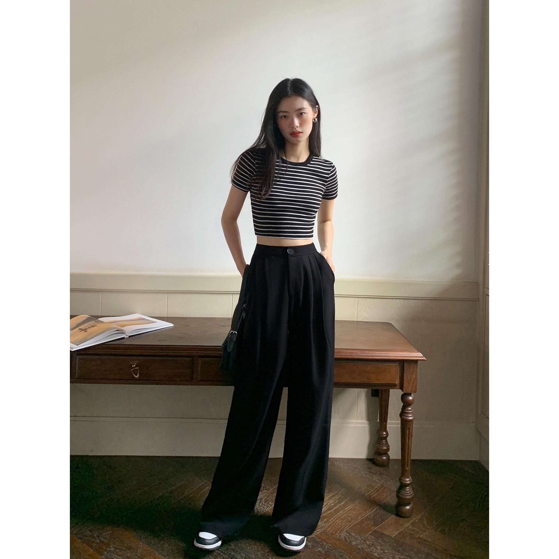 Pusumede Women s Black High-Waist Wide-Leg Summer Pants Medium