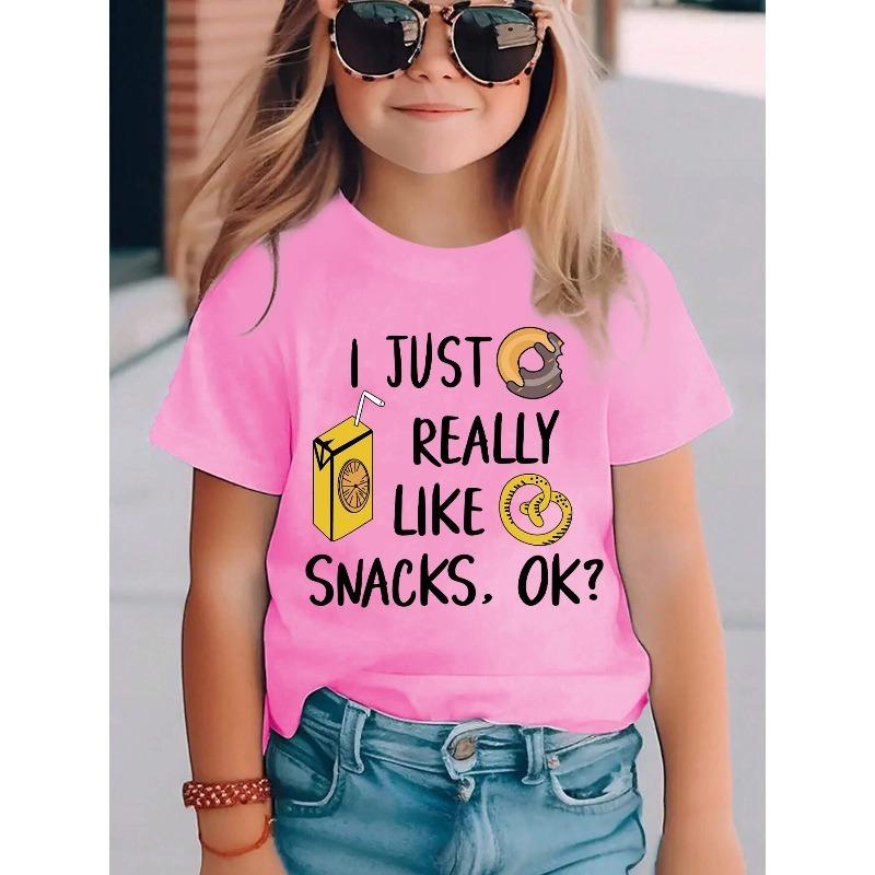 European Sizes Girls' Summer Fashion "I JUST REALLY LIKE SNACKS OK" Short Sleeve T-Shirt | Juice Snack Element Print