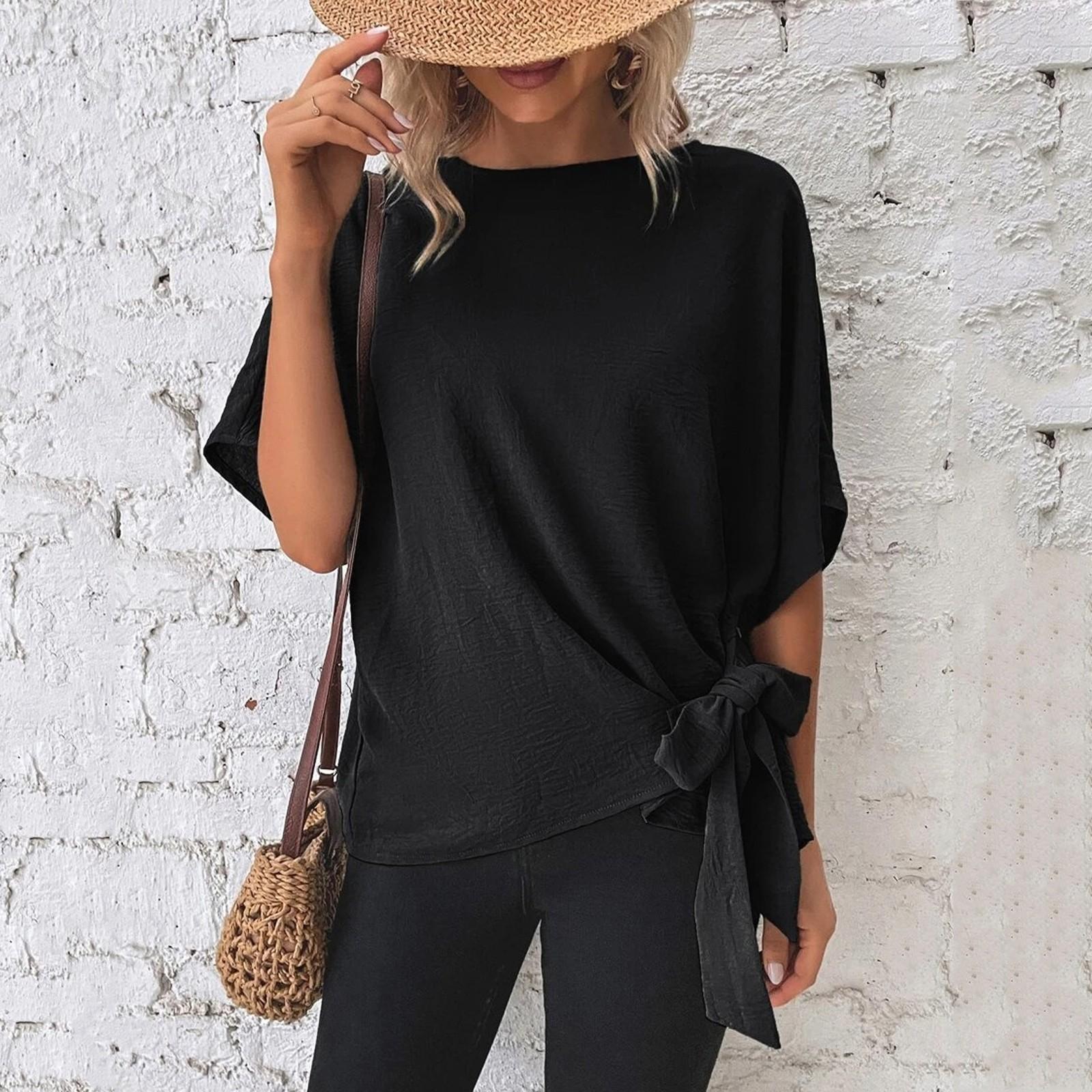 

Женская однотонная футболка с круглым вырезом и коротким рукавом, свободный топ с узлом на подоле L чёрный