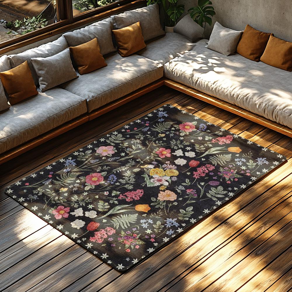 Black Floral Bohemian Rug with White Border, Colorful Pattern Non-Slip Carpet, Cozy Living Room Mat for Home Decor