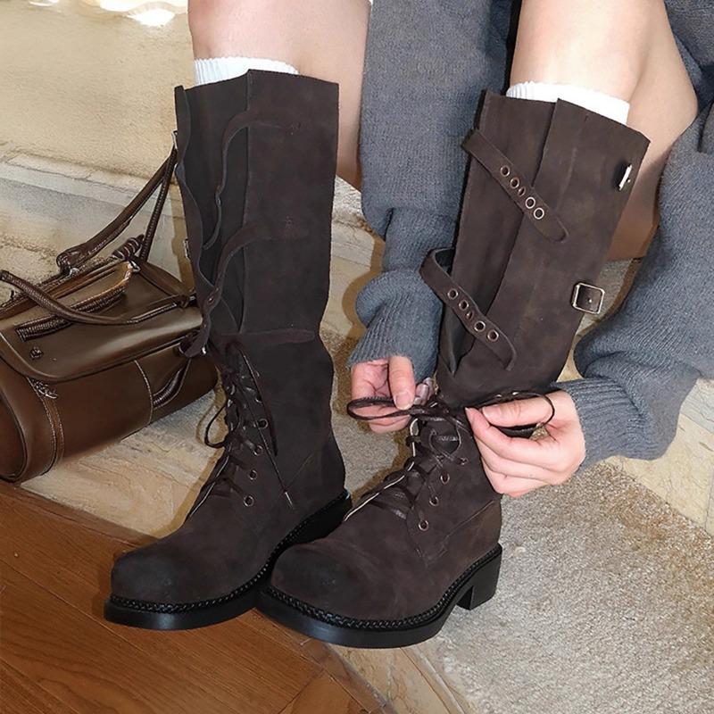 Cowhide version~ Genuine leather boots women's autumn and winter new straps high knight boots square head buckle belt but knee boots