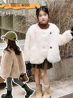 2025 Autumn/Winter High-End Korean Style Wool Crew Neck Kids' Trendy Long Outerwear