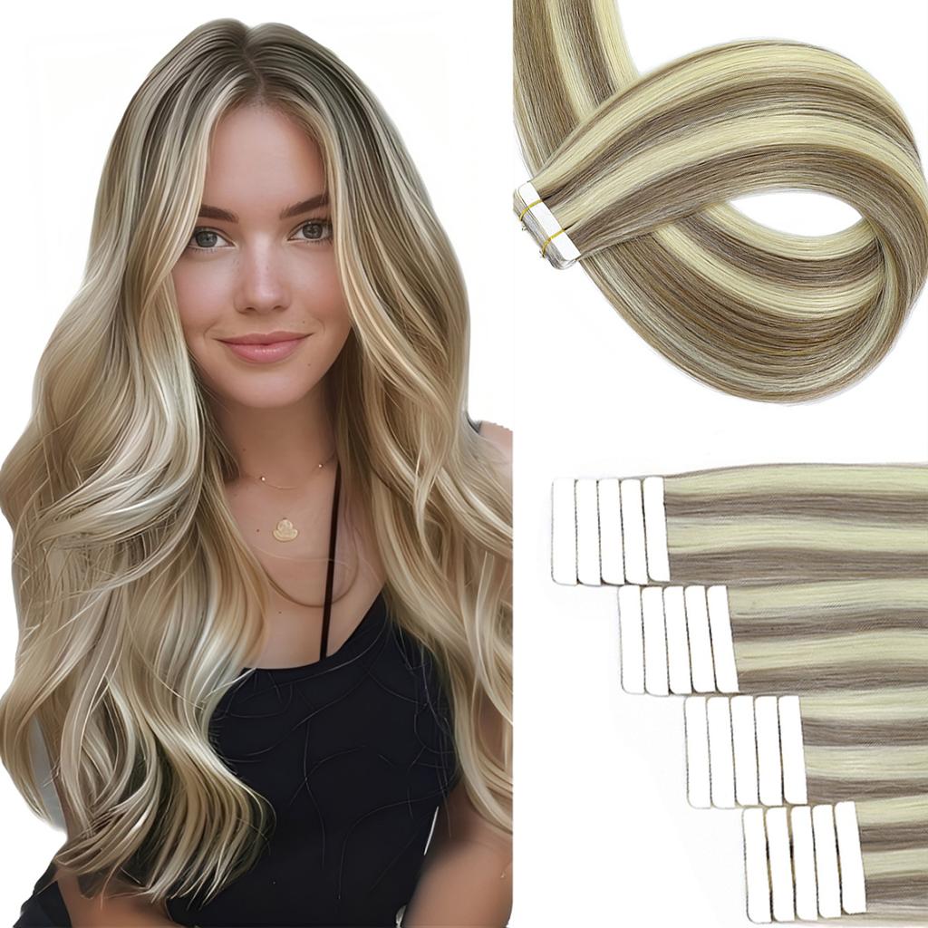 Invisible Tape in Hair Extensions Real Remy Hair Hair Extensions for Women Ash Blond mixed Platinum Blond Straight Hairpieces