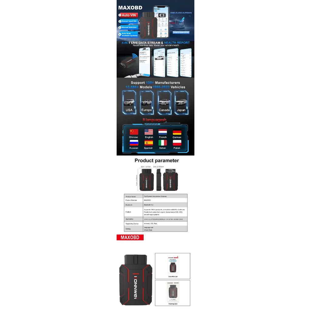 Newest Products Car All System Scanner KONNWEI MAXOBD Bluetooth 5.0 For Android And Ios Both With Free MAXOBD App On Mobile