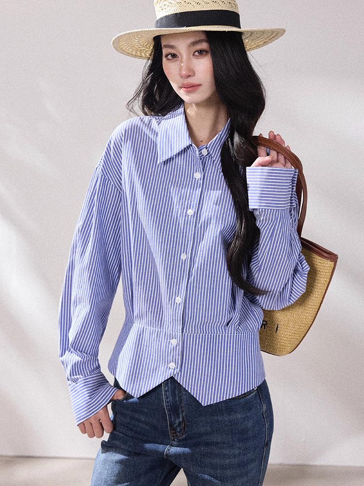 

Shengdu Spring Miu Style Blue Striped Waist-Cinching Wrinkle-Resistant Casual Shirt Medium синій
