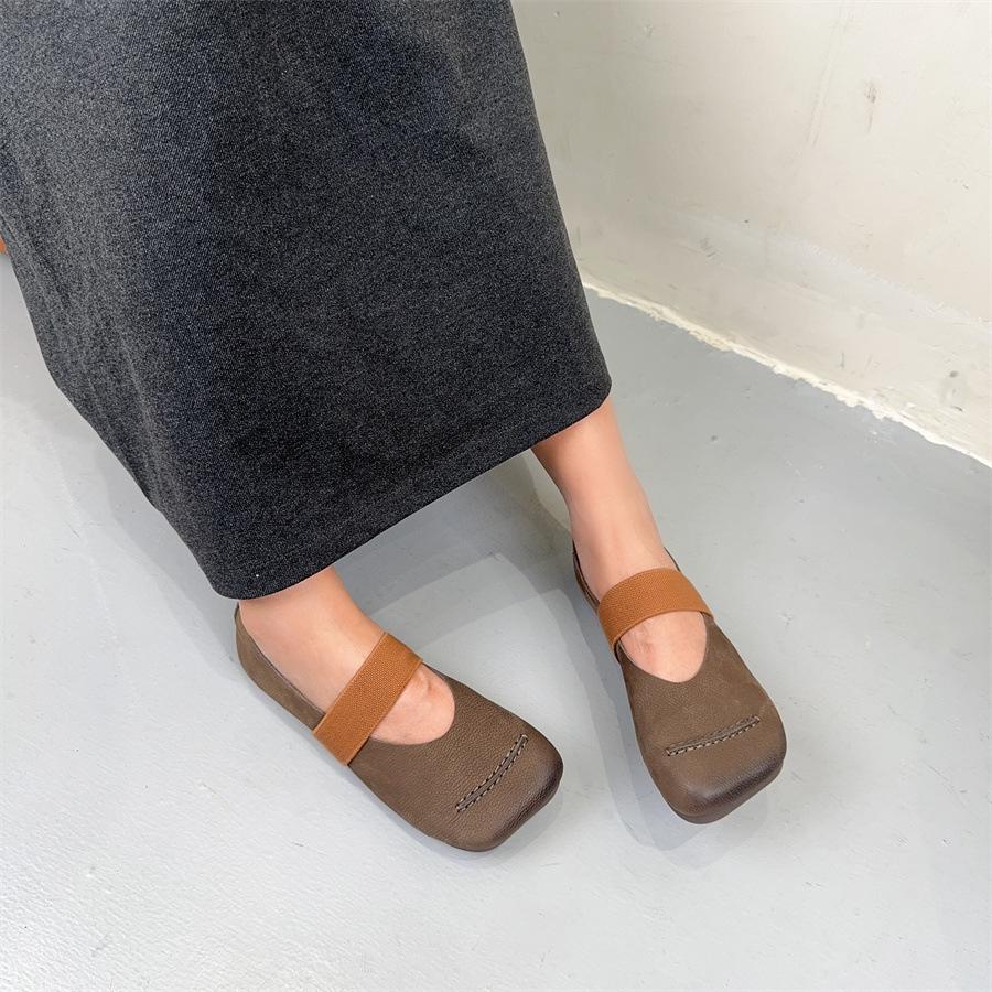 Johnature Flache Schuhe aus Rindsleder mit quadratischer Zehenpartie, Halbschuhe, echtes Leder, weiche Sohle, vielseitige Damenschuhe
