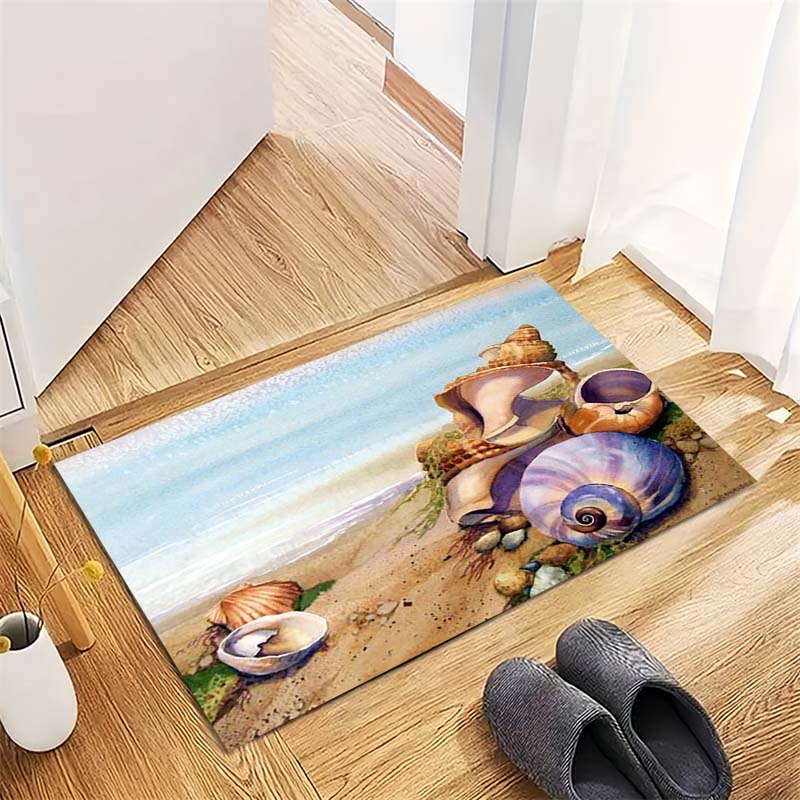 Vintage Beach Seashell Conch Oil Painting Print Area Rug Ocean Seaside Non‑Slip Rectangular Floor Mat Living Bedroom Home Decor Rug