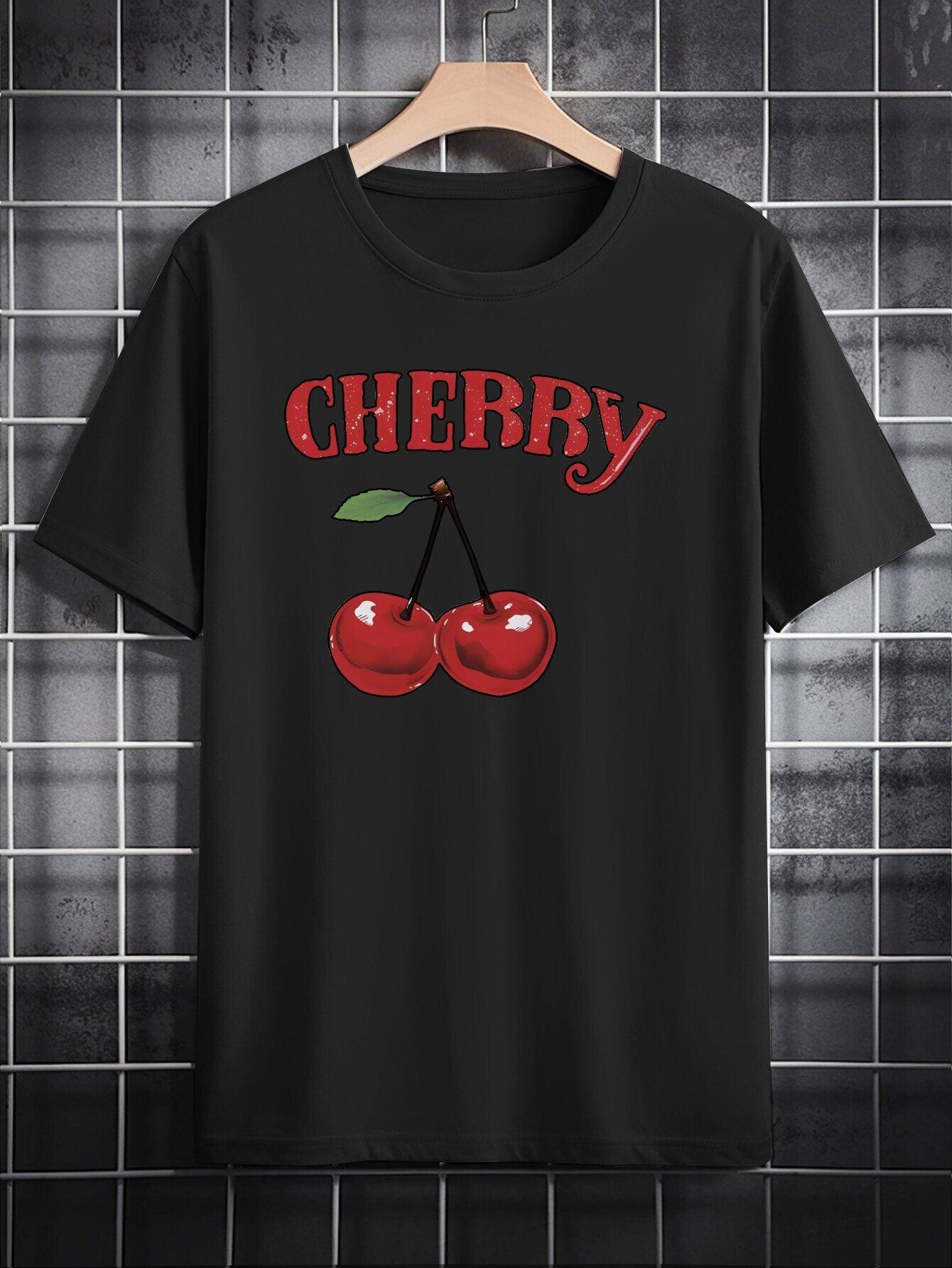Casual Round Neck T-shirt with Cherry Print - Lightweight Polyester M