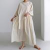 Johnature Korean Bandage Dresses Summer Casual Simple Solid Color Loose O-neck Short Sleeve Pockets Dress