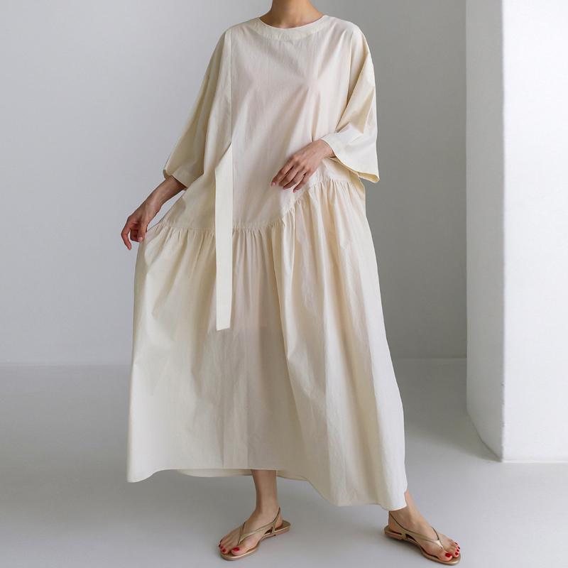 Johnature Korean Bandage Dresses Summer Casual Simple Solid Color Loose O-neck Short Sleeve Pockets Dress