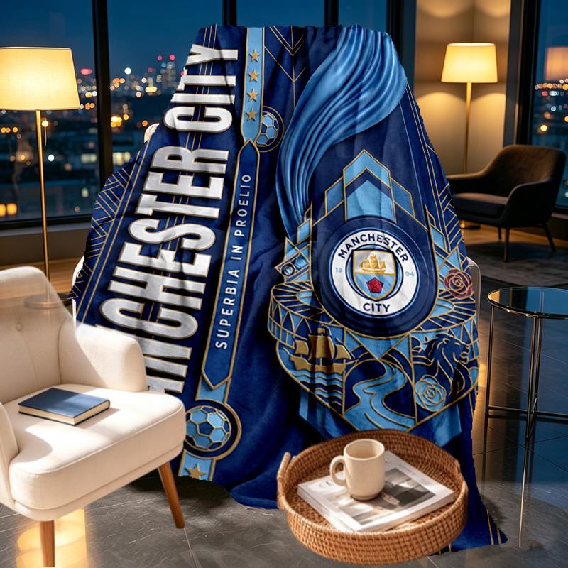 Koc z nadrukiem Manchester City FC - Miękki i wygodny, do sypialni, na podróż, na sofę, dekoracja domu - Prezent urodzinowy, świąteczny dla przyjaciela