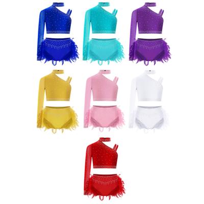Kinder Mädchen Ballett Tanz Tüll Röcke Outfits Strasssteine Ein Schulter Crop Top mit Slips Gymnastik Eiskunstlauf Tanzbekleidung