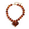 KunJoe Vintage Resin Big Love Heart Pendant Necklace for Women Bohemian Brown Acrylic Beaded Chain Choker Necklace Jewelry Gifts