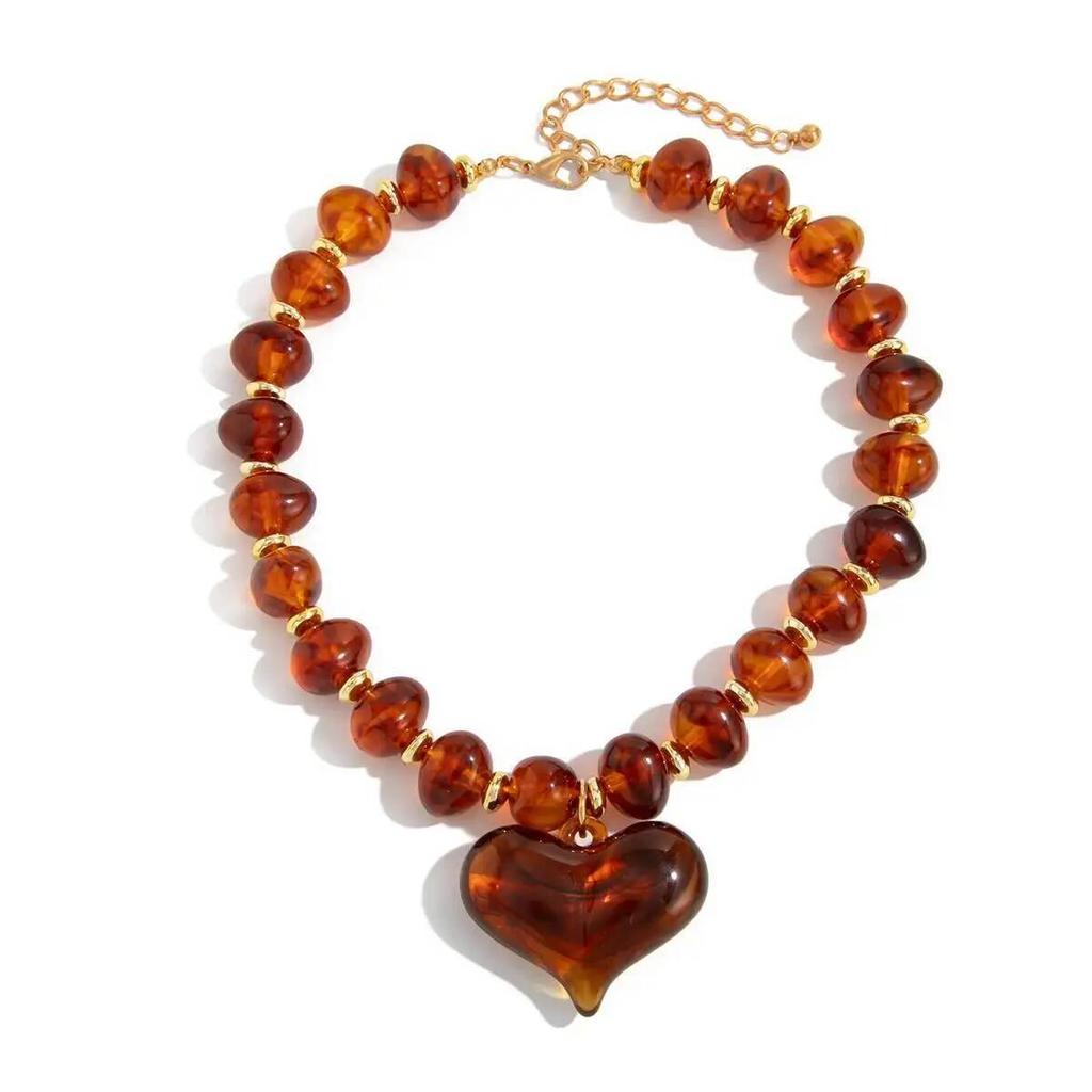 KunJoe Vintage Resin Big Love Heart Pendant Necklace for Women Bohemian Brown Acrylic Beaded Chain Choker Necklace Jewelry Gifts