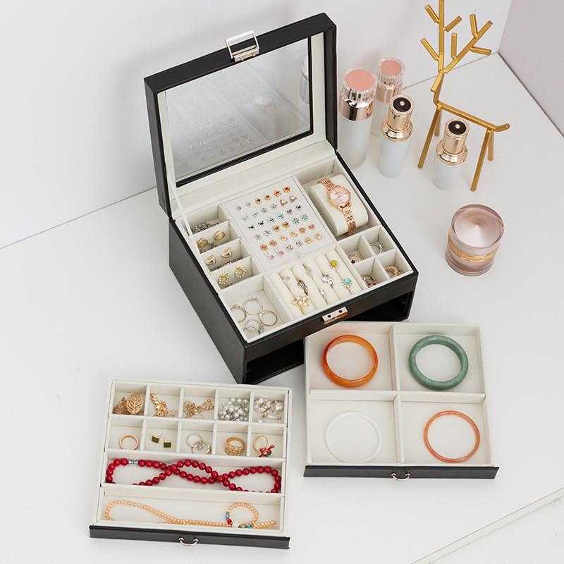 3-Tier Jewelry Organizer Box With Window Display Large Capacity Necklace Earring Storage Wedding Gift