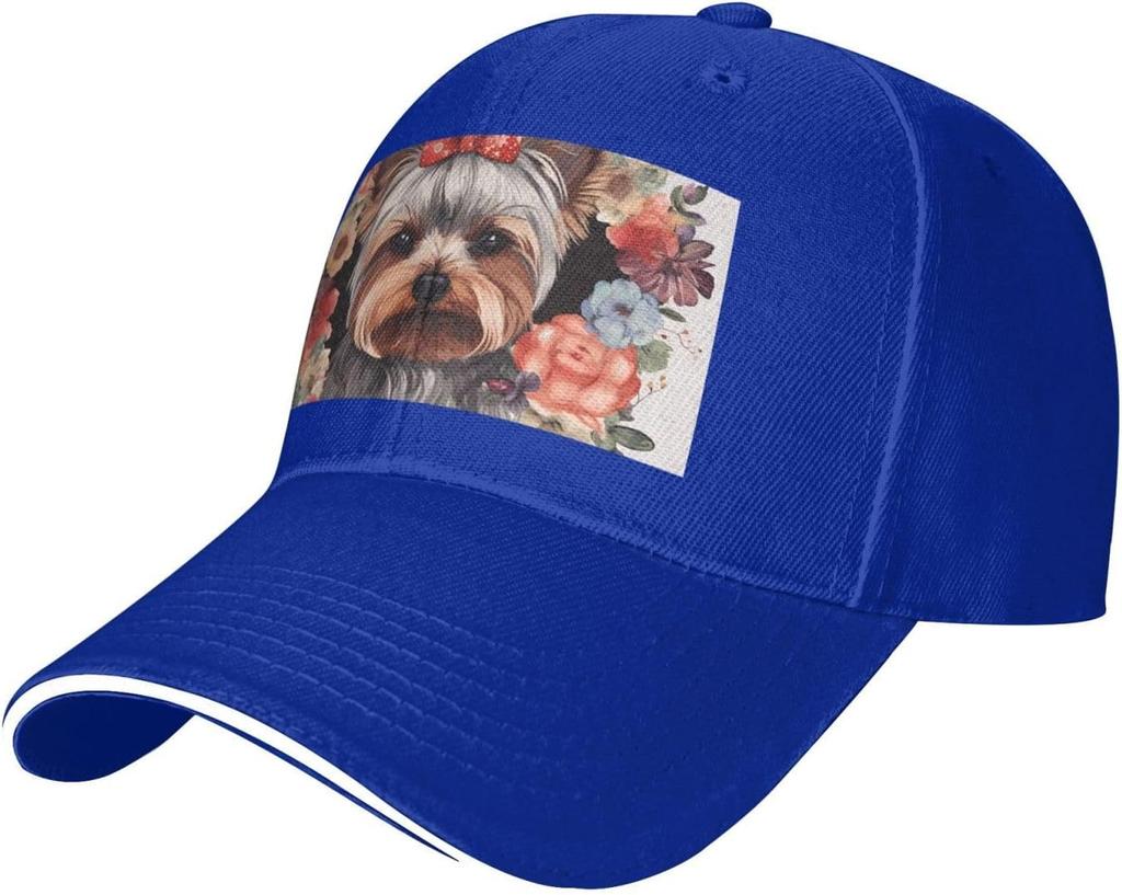 Yorkie Floral Print Baseball Cap Polyester Adjustable Casual Golf Dad Hat for Unisex