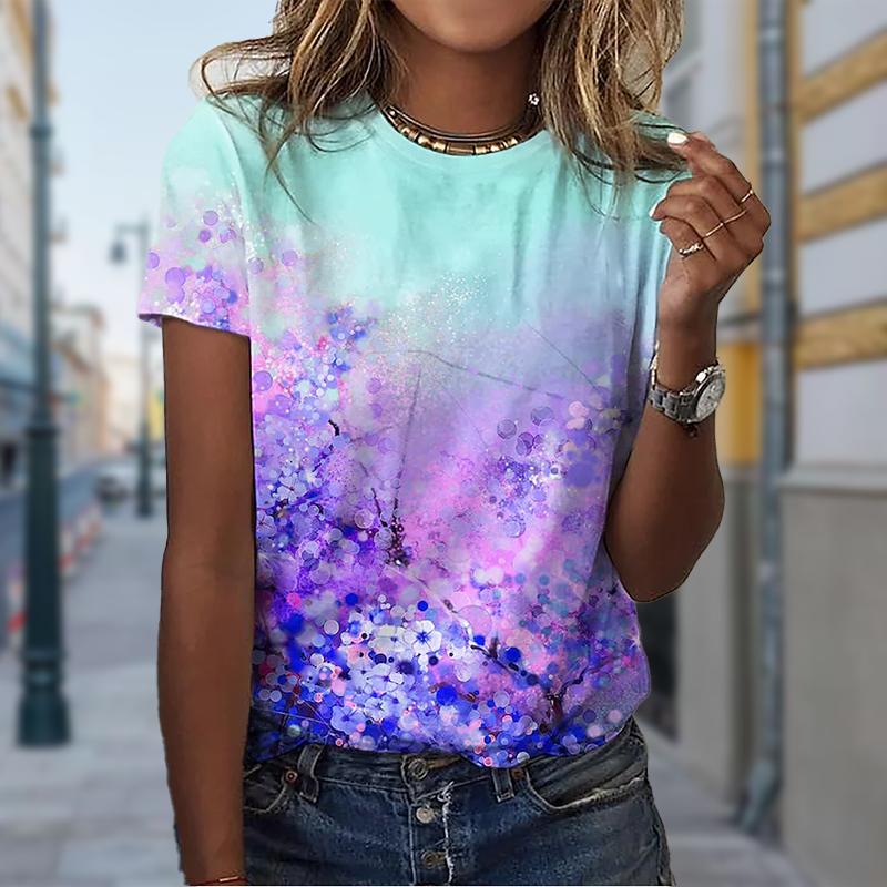 Women Summer T Shirt Trend Flower Print Retro Fashion Short Sleeve Tees Casual   Printed  Tops
