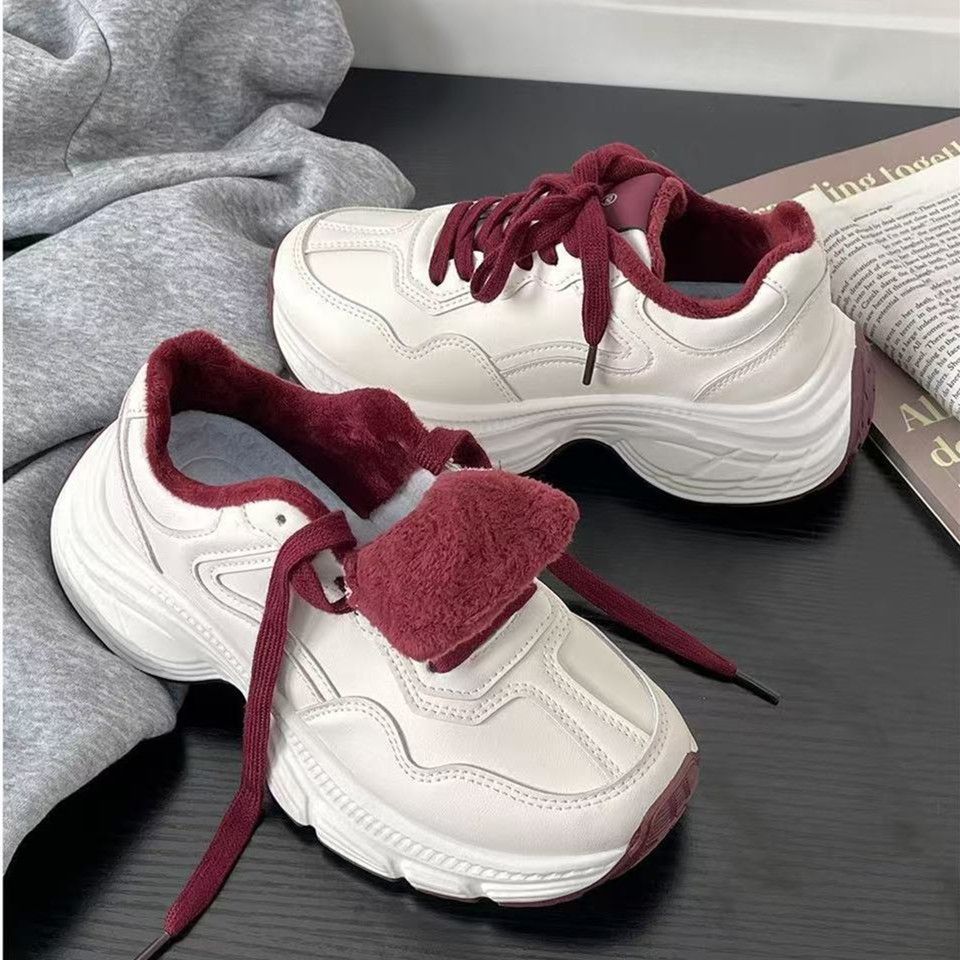 Fleece Leather Surface Shows Feet Little Dad Shoes Women's Autumn and Winter New Niche Retro Hong Kong Style Platform Running Shoes