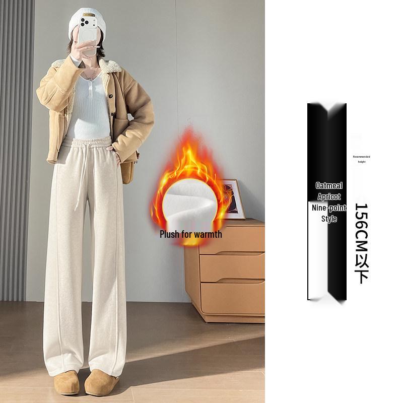 Women's High-Waisted Woolen Wide-Leg Pants - Plus Velvet Thickened, Loose, Casual, Autumn/Winter, Slimming, Straight-Leg Sweatpants