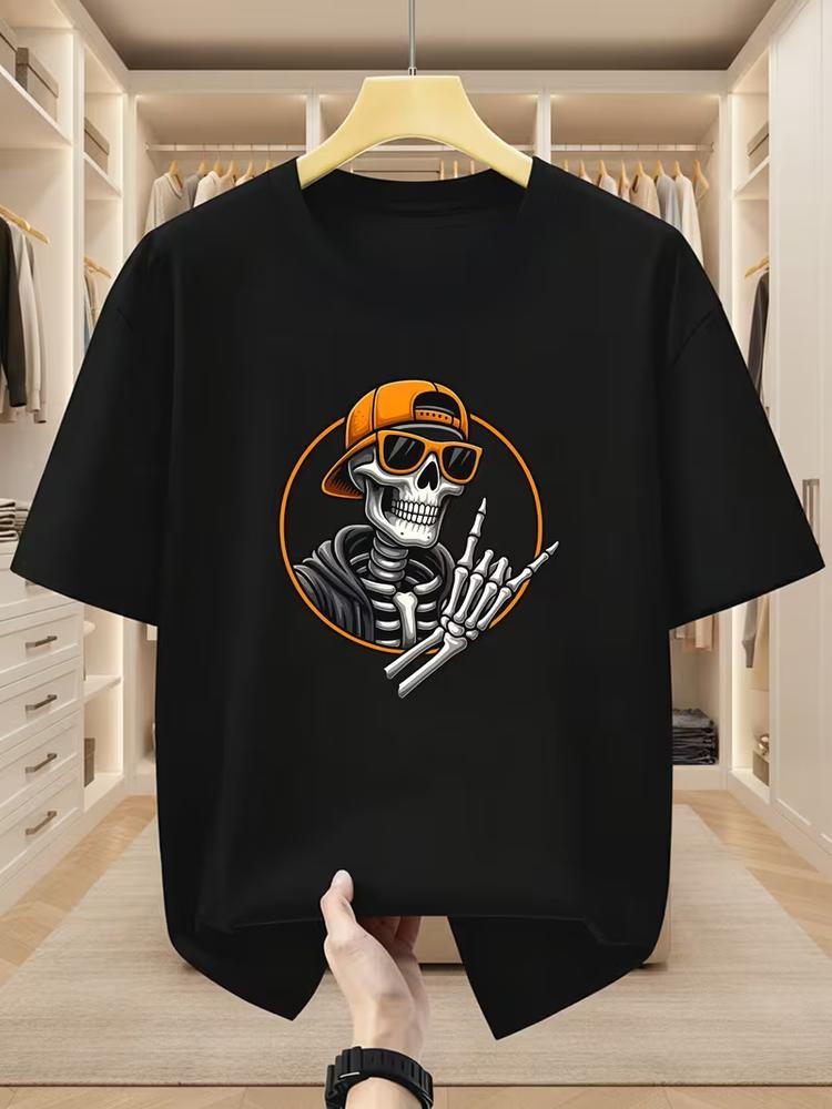 Mens skull print t shirt crew neck short sleeve hip hop casual summer tee top