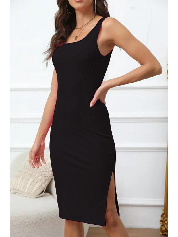 2025 Spring/Summer Elegant Sleeveless Ribbed Slim Fit Slit Dress with Square Neck