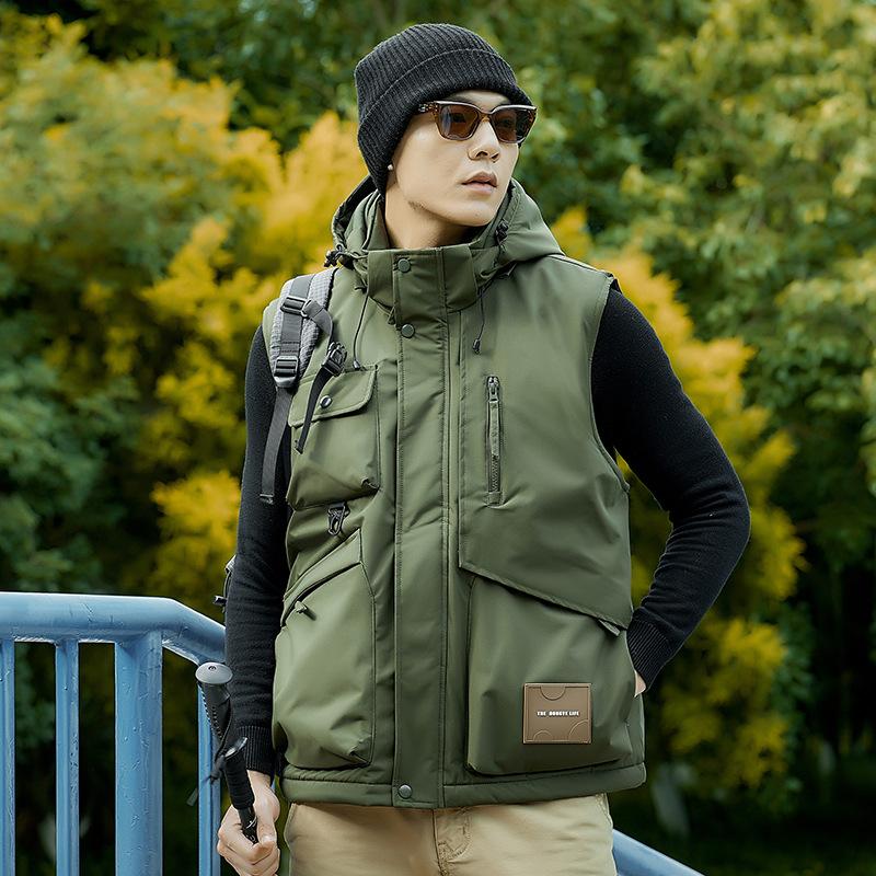 Men's Autumn Plush Thick Outdoor Multi Pocket Camisole Fishing Jacket Men's Multi Pocket Workwear Jacket
