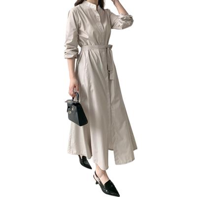 Maxi-Hemd Locker mit Unifarbenem Khaki [JINJUDUO] Damen Schnürkleid, Kleid, 100% Baumwolle, A-Linie, Passform, Taschen, Frühling, Sommer, Herbst, Freizeit,