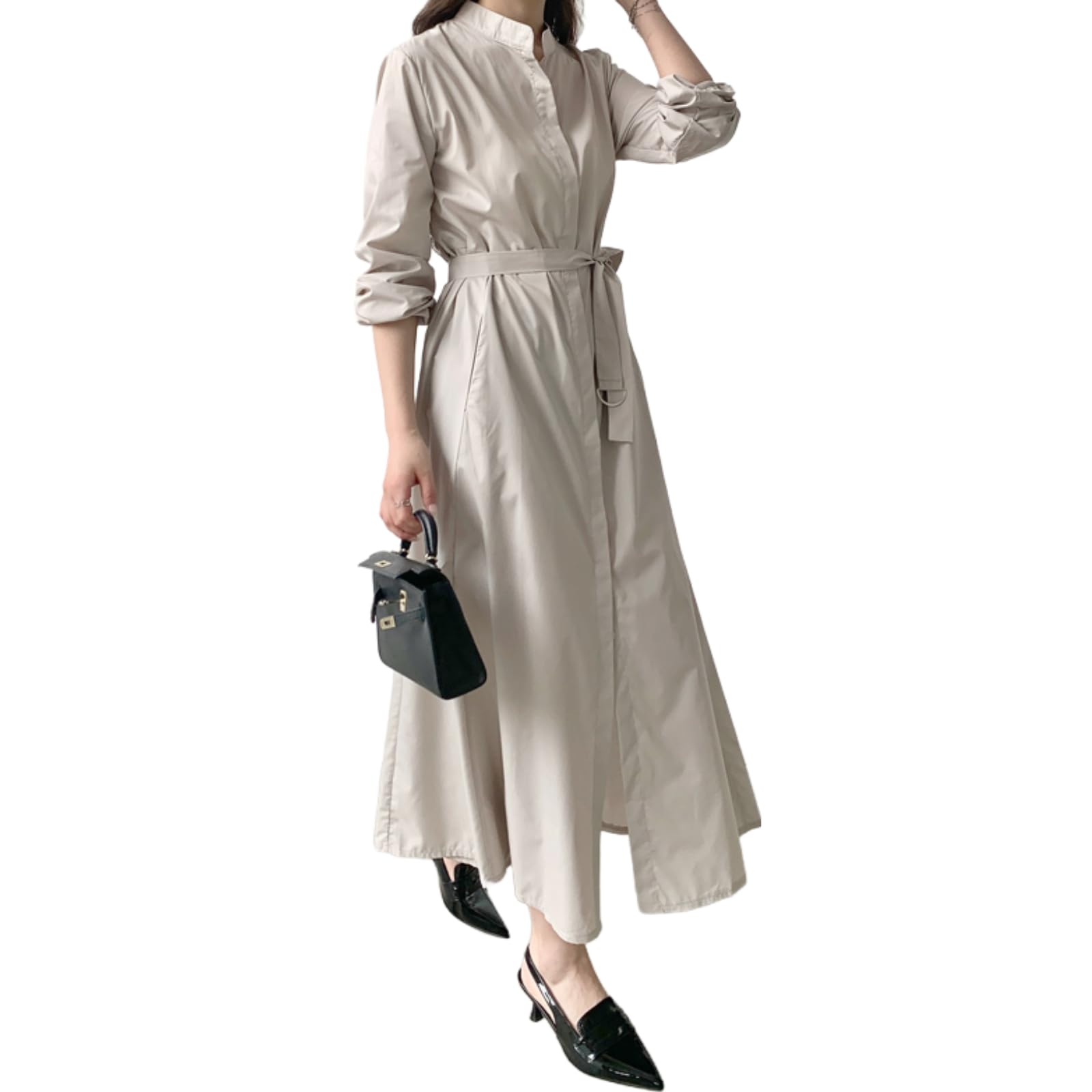 

Maxi Shirt Relaxed with Solid Khaki [JINJUDUO] Women s Lace-Up Dress, Dress, 100% Cotton, A-Line, Fit, Pockets, Spring, Summer, Autumn, Casual,