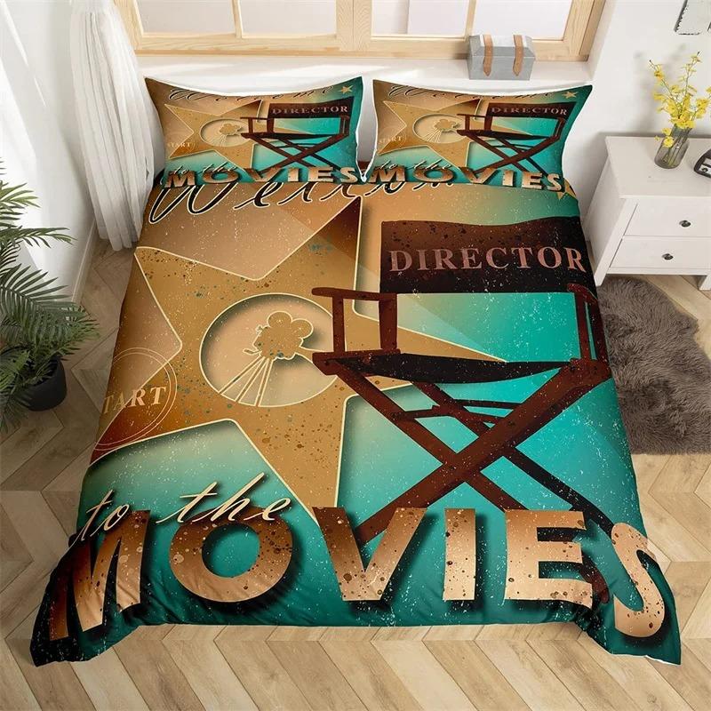 Biografaffisch påslakan set Enkel King Size Vintage Biograf Filmteater Sängkläder set Mikrofiber Popcorn Grön täckesöverdrag