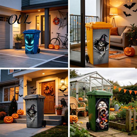 PVC Scary Patterns for Patio Halloween Wall Stickers Trash Can Decal Stickers, Spooky Skull Ghost Horror Weather Resistant Bin Wraps Holiday