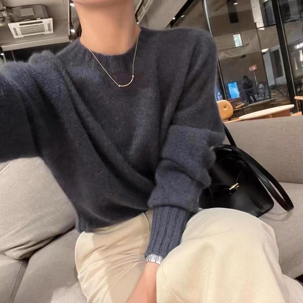Women's Solid Color Cashmere Knit Sweater - Round Neck, Drop Shoulder, Loose Fit, Versatile Korean Style