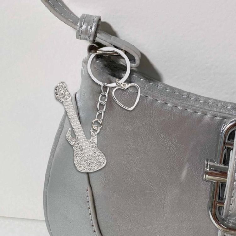 Guitar Pendant Keychain with Shimmering Stones Metal Keyring Sweet Cool Girls Key Chain Lightweight Jewelry for Bag