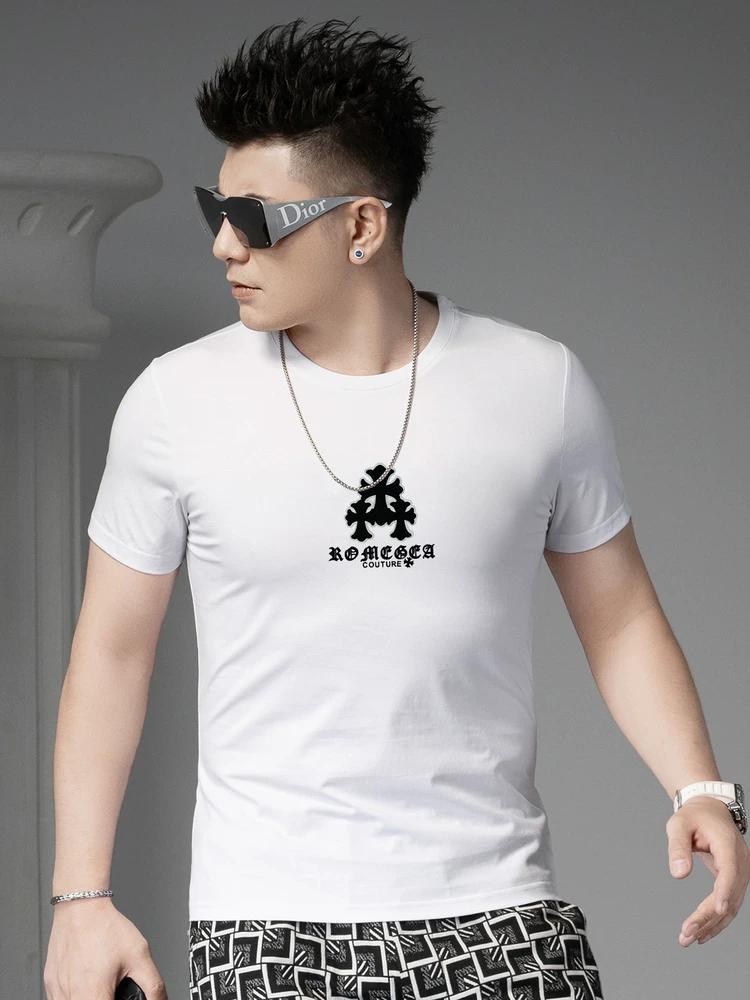 European Style 2025 New Round Neck Short-Sleeve T-Shirt for Men, Summer Trendy Brand Printed Casual Top, Slim Fit Half-Sleeve Tee