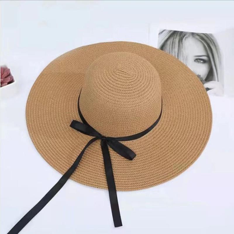 Summer Sunscreen Straw Big Brim Bow Ribbon Hat Solid Handmade Fisherman Hat Creative Dress Up Travel Beach Women Bucket Hat