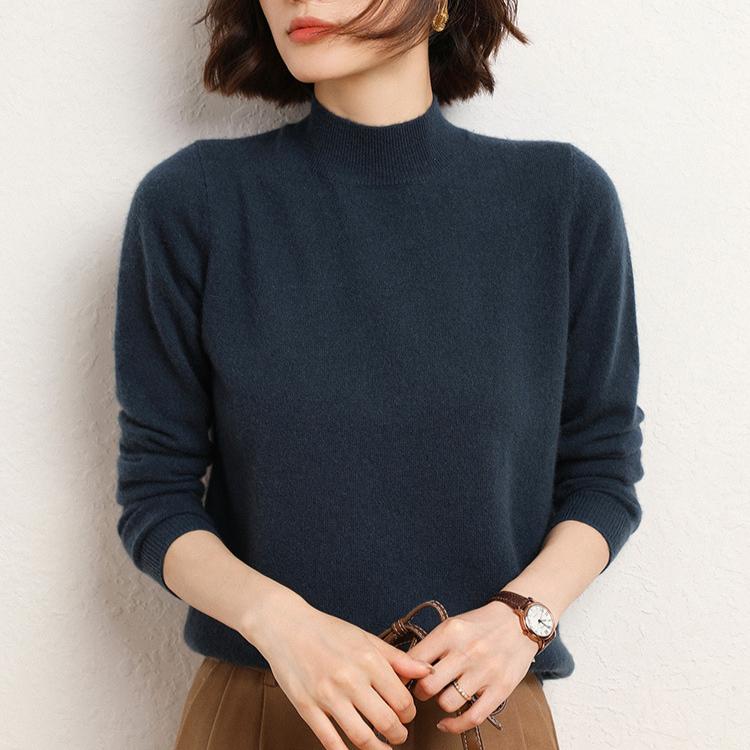 Halbhoher Pullover für Damen, einfarbiges Basishemd, Herbst- und Winter-Innenseite, weißes Oberteil, vielseitiger Pullover, langärmeliger Strickpullover