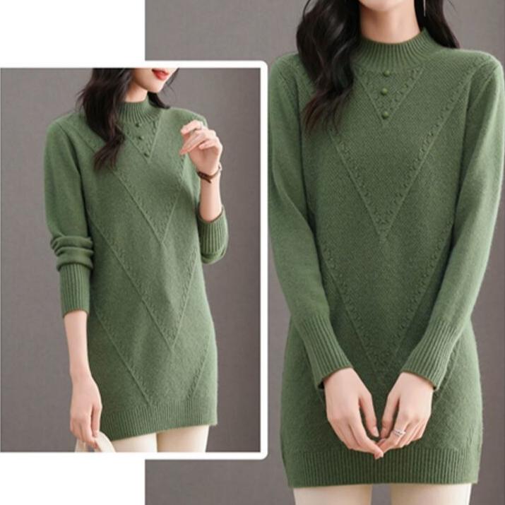 Half Turtleneck Sweater Dress for Women Solid Color Long-sleeved Mid-length Knitted Sweater Autumn and Winter Casual Loose Pullover